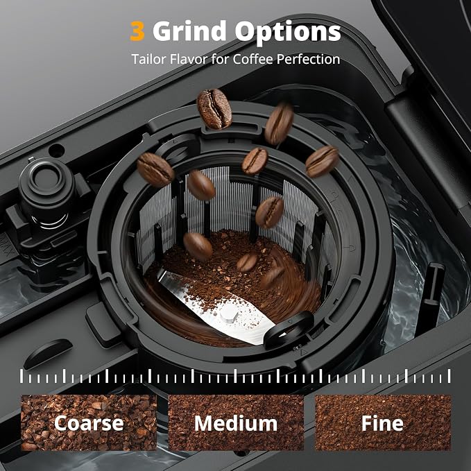 AIRMSEN Grind & Brew Coffee Maker with Built-in Grinder, Programmable Single Serve Coffee Maker - 5 Cup-800ML, 3 Grind Settings, Auto Keep Warm & Glass Carafe for Small Home and Office