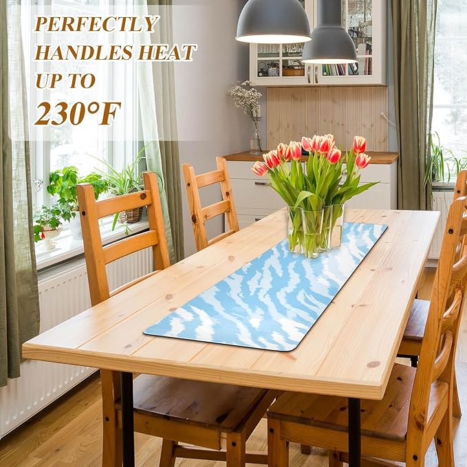 2 in 1 Table Runner Trivet for Hot Pots and Pans Heat Resistant Non Slip Waterproof 39 x 12 Inch Decorative Table Protector for Kitchen Countertop Tigers Pattern Skin Light Blue