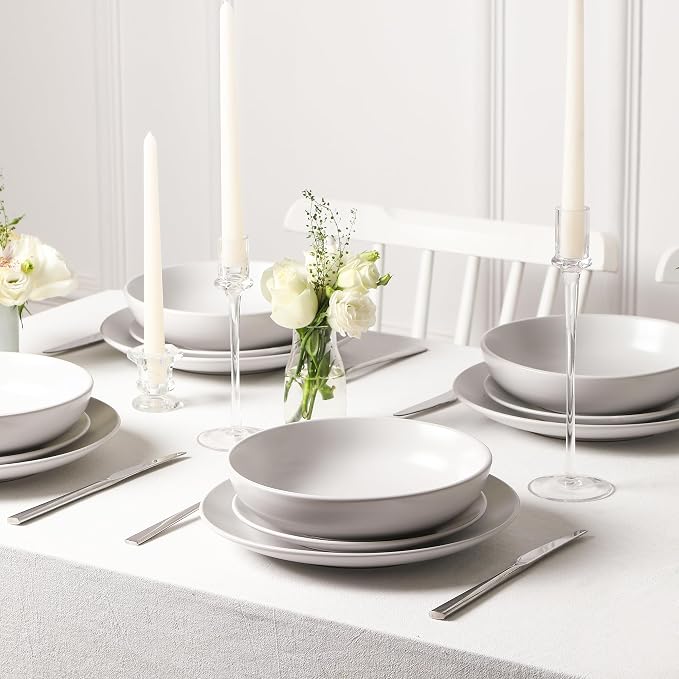 Earth & Clay Mia 12-Piece Stoneware Dinnerware Set, Plates and Bowls Set, Dishwasher and Microwave Safe, Dish Set for 4, White