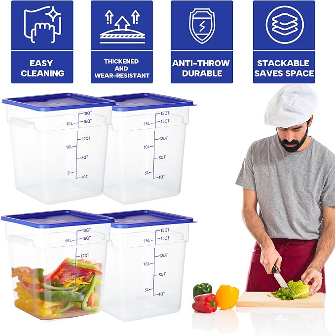 BIEAMA 4 Pack Food Storage Containers, 18 Quart with Lids, Square Commercial Containers with Scale, NSF, Polycarbonate, Clear