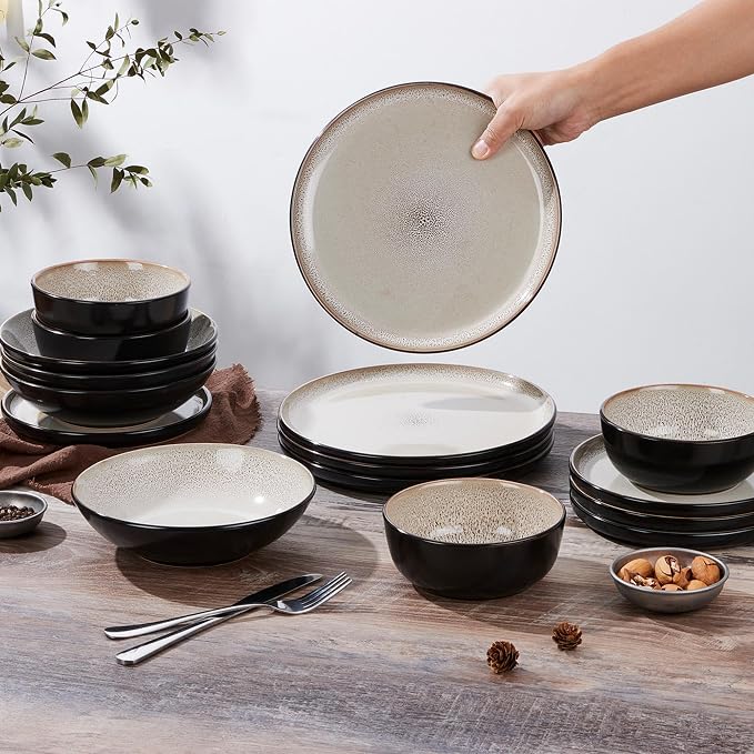 LIANYU 16 Piece Dinnerware Sets with Double Bowls for 4, Modern Ceramic Plates and Bowls Set, Kitchen Round Dinning Ware Dishware Set, Microwave and Dishwasher Safe, Tidal Khaki