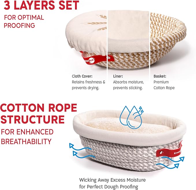 KneadAce Sourdough Starter Kit – 34oz Starter Jar, 2 Cotton Rope Banneton Proofing Baskets, Magnetic Bread Lame for Scoring – Gift for Bakers & Complete Sourdough Bread Baking Set