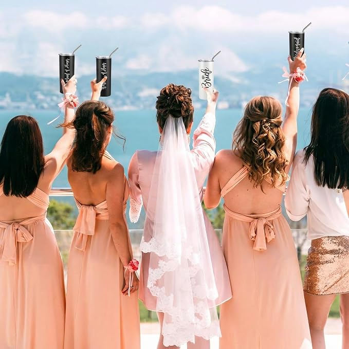 Sabary Bride Gifts Bridesmaid Tumblers Set of 8, 20 oz Insulated Bride Stainless Steel Wine Tumbler Bulk Maid of Honor Mugs with Lid and Straw for Wedding Engagement Party Gifts (White, Black)