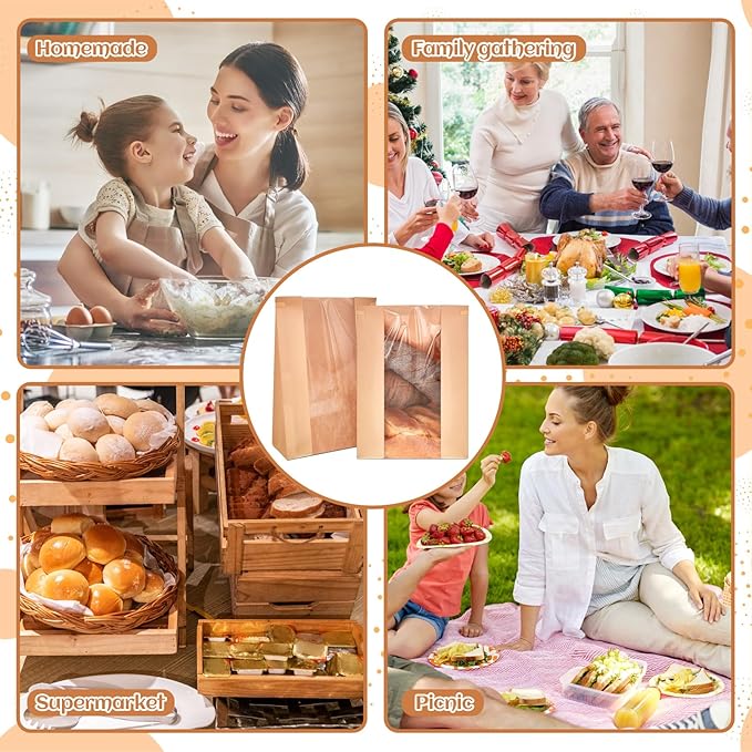 Honoson 300 Pcs Large Paper Bread Bags for Homemade Gift Giving, Sourdough Bread Bags with Window, Bakery Storage Tin Tie Tab Lock Cookie Packaging with Label Seal Stickers (Cute Style)