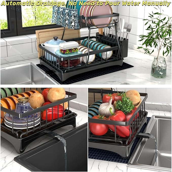 Godboat Sponge Holder for Kitchen Sink, Dish Drying Rack with Auto-Drain, Dish Racks for Kitchen Counter, Glass Rack for 4 Cups, 360° Swivel Spout, Kitchen Sink Organizer with Brush Holder