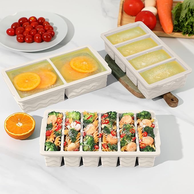 3-Pack Silicone Freezer Trays with Lid,2 Large 2-Cup(500ml)&4 Medium 1-Cup(125ml)&6 Small 1/2-Cup(75ml) Soup Freezer Container Molds,Ice Cube Tray For Meal Prep&Freezing Soup,Stews,Sauces