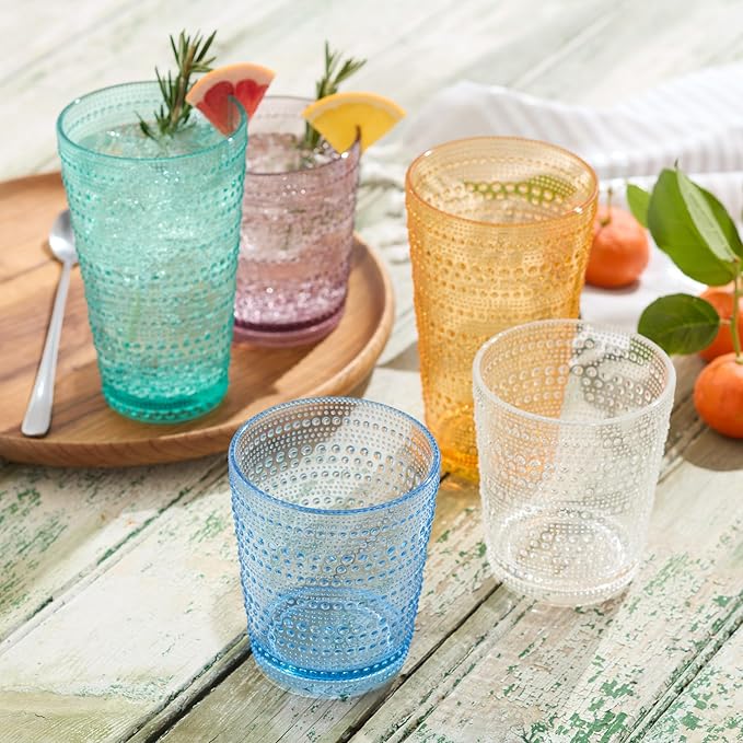Santa Fe Clear Set of 6 Premium Acrylic DOF Glasses 16 oz – Unbreakable Drinkware with Textured Bubble Design, Dishwasher Safe Tumblers for Indoor & Outdoor Use