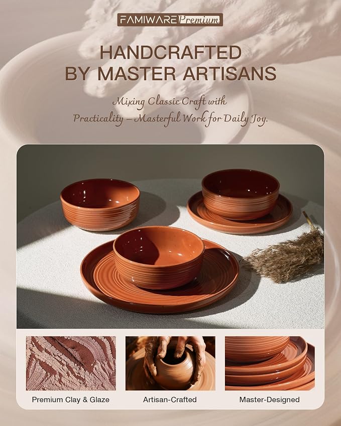12-Piece Stoneware Dinnerware Sets for 4 - Coupe Plates and Bowls with Speckles & Spirals - Chip & Scratch Resistant, Microwave & Dishwasher Safe - Farmhouse Dishes, Terracotta