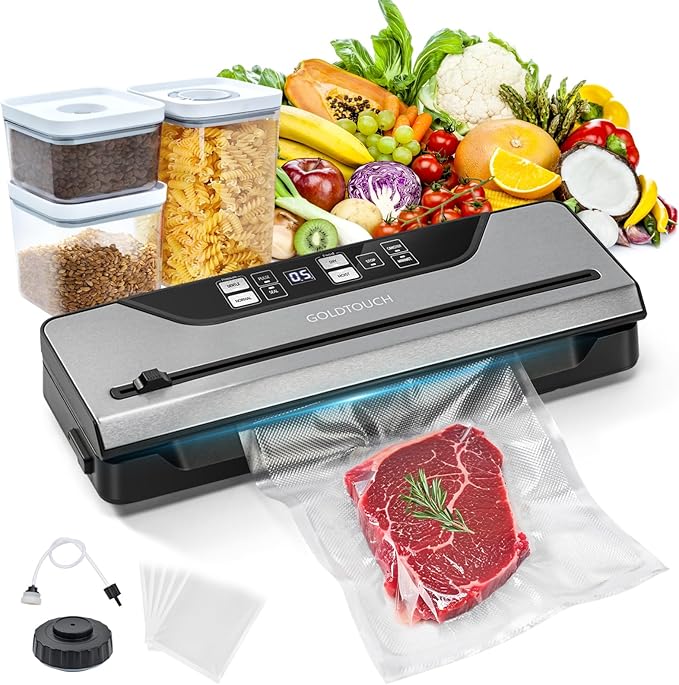 Vacuum Sealer for Food, Electric Food Vacuum Sealer Machine with Digital Display, 8 Preset Modes, Built-in Cutter, Includes 3 Food Storage Containers & Full Starter Kit