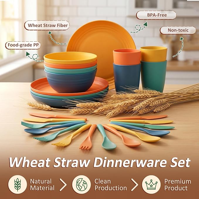 Wheat Straw Dinnerware Sets for 4, Kitchen Plates and Bowls Set, Unbreakable Kids Dishes Set 24 Piece, Microwave & Dishwahser Safe Plastic Dinnerware Set for Camping, RV, Party, Dorm - Multi