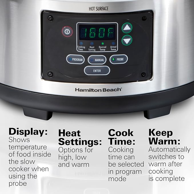 Hamilton Beach Portable 6 Quart Set & Forget Digital Programmable Slow Cooker with Lid Lock, Temperature Probe, Dishwasher Safe Crock & Lid, Stainless Steel (33969A) | Temperature Probe | Lid Lock For Easy Travel | Dishwasher Safe Crock & Glass Lid | S...