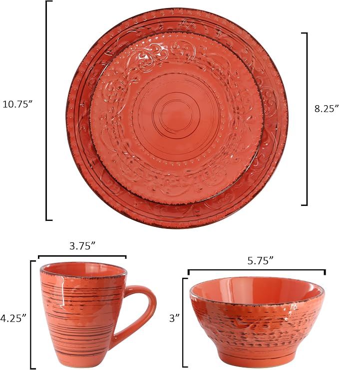 Elama Malibu Jasper 16-Piece Stoneware Embossed Pattern Reactive Glaze Orange Dinnerware Set, Tableware, Serveware Set (Jasper Orange)