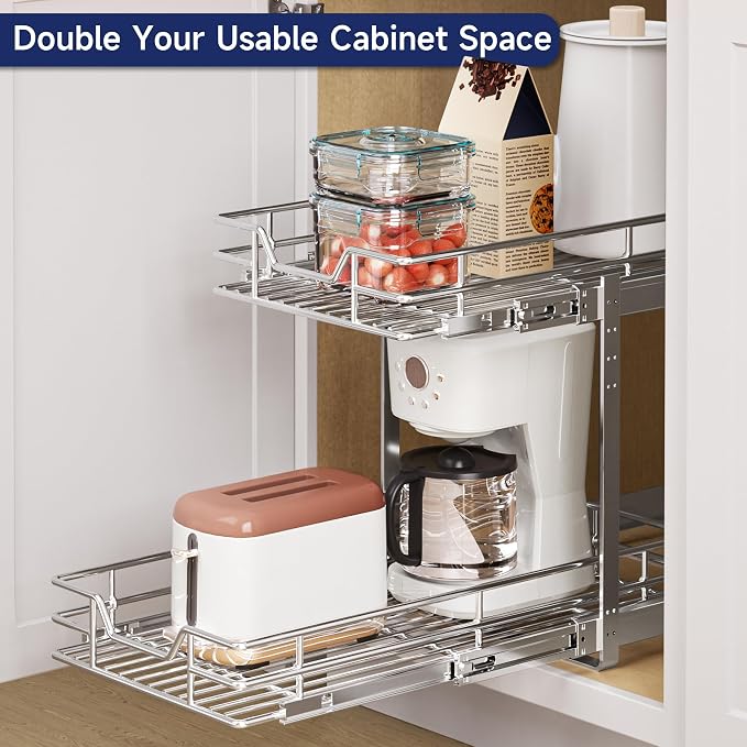 2-Tier Pull Out Cabinet Organizer, 10.5" W x 21.5" D, Heavy Duty Dual Slide Out Shelves for Narrow Base Cabinets, Chrome Wire Basket Drawer for Spices, Bottles & Snacks