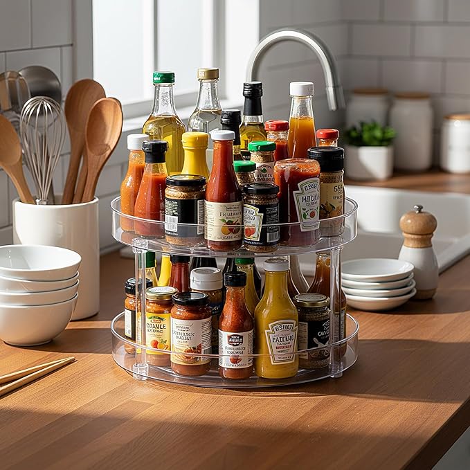 Reallnaive 3 Pcs 11" Acrylic Lazy Susan Organizer Set, 2 Tier and 1 Tier Turntable Tray for Cabinet Kitchen Countertop Pantry Table Organization Coffee Bar