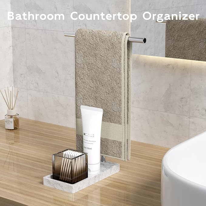 Volnamal Hand Towel Holder, 2 in 1 T-Shape Hand Towel Stand for Bathroom with Marble Base Tray, Hand Towel Rack Standing for Vanity Kitchen Countertop, Stainless Steel (Brushed)