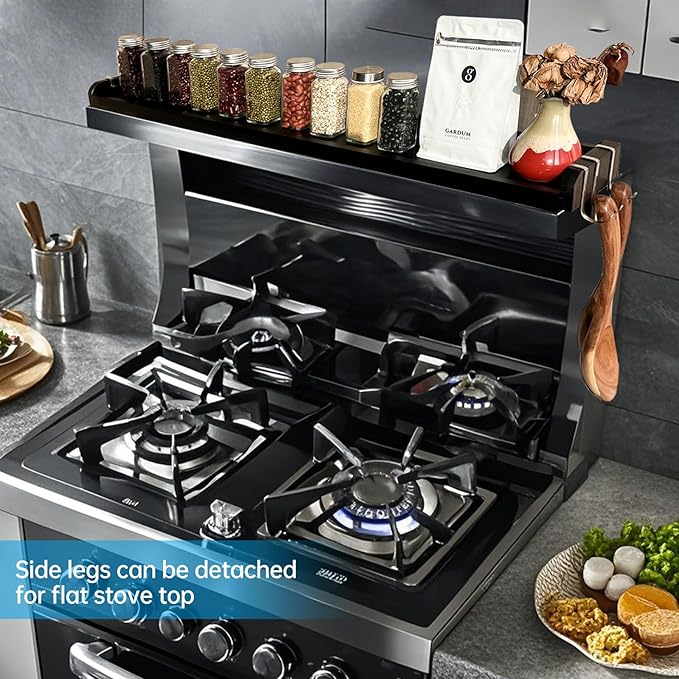 Over the Stove Shelf, Bamboo Stove Top Spice Rack for Kitchen,Wooden Stove Shelf for Back of Stove, Non-slip Countertop Seasoning Organizer with 6 hooks,Easy to Assemble 33.5*4.5*13.4” Black