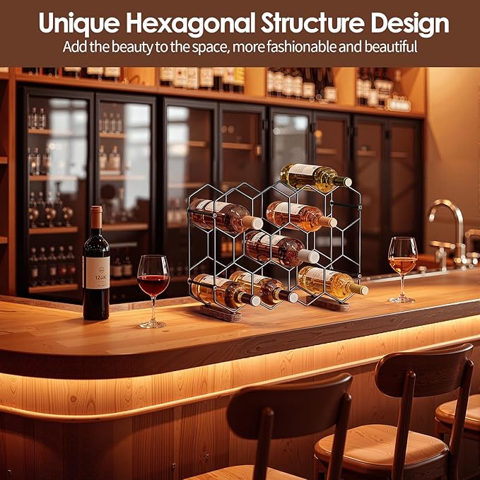 Nuovoware Countertop Wine Rack, 14-Bottle Freestanding Modern Carbon Steel Holder Hexagonal Structure, 3 Tier Tabletop Wine Bottle Organizer Storage for Cabinet, Pantry, Black+Retro Brown