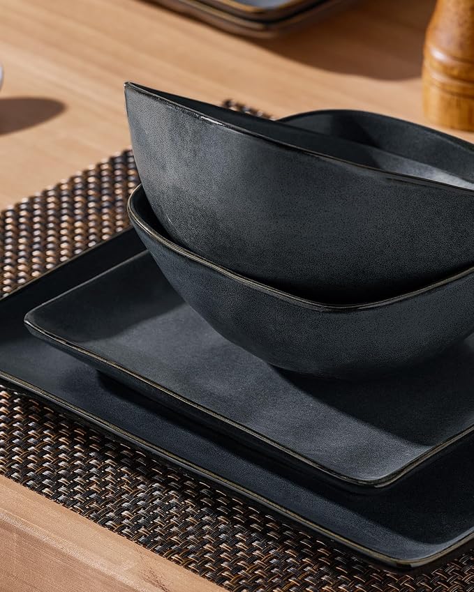 Famiware Dinnerware Sets for 8, Ocean Square 24-Piece Kitchen Plates and Bowls Sets, Microwave and Dishwasher Safe, Scratch Resistant, Matte Dark Charcoal