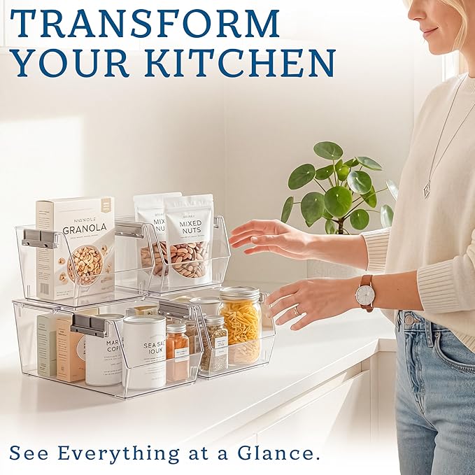 HOMESTEAD Set of 4 Stackable Storage Bins, 2 Large + 2 Small Clear Plastic Organizer Bins, Open Front Design for Kitchen Pantry, Fridge, Cabinet, Bathroom Organization and Snack Storage