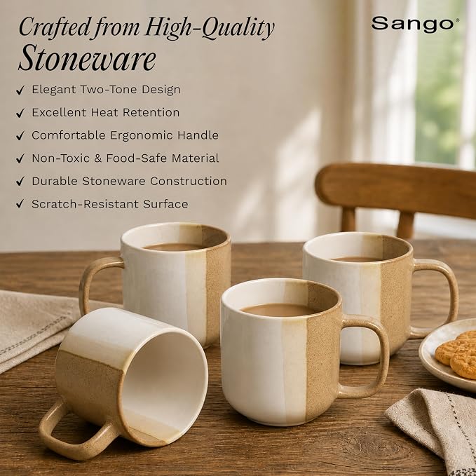 SANGO Phoebe Caramel/White Coffee Mugs Set of 4, 15 oz Stoneware Coffee Mug Set, Big Glossy Ceramic Tea Cup for Cappuccino, Latte, Cocoa, Large Coffee Cups with Handle, Microwave & Dishwasher Safe