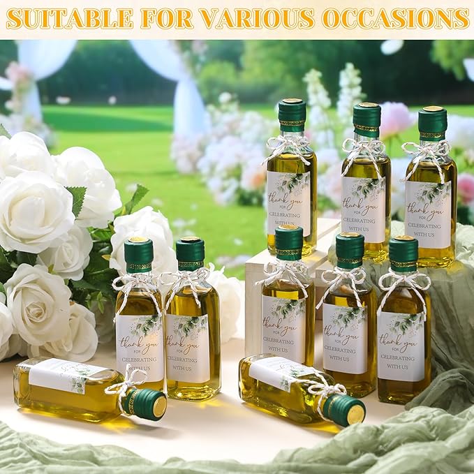 Reallnaive 10 Pack 3 oz Mini Glass Olive Oil Bottles Set, Homemade Wedding Sauce Gift Bottles Leakproof Screw Cap, Thank You Wedding Stickers for Storing Oil Honey Bridal Baby Shower Favors (Green)