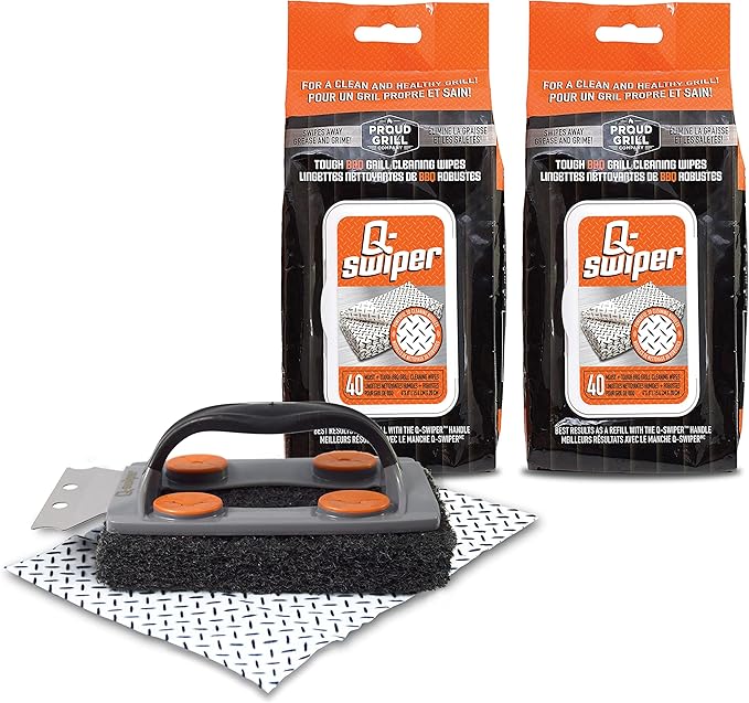 Proud Grill Q-Swiper Grill Cleaner Set - Bristle & Wire-Free Brush with Scraper & 80 Moist Wipes - BBQ Smoker Cleaner Kit, Safe for Outdoor Griddle Grates, Grease & Grime Remover, BBQ Gift for Mom