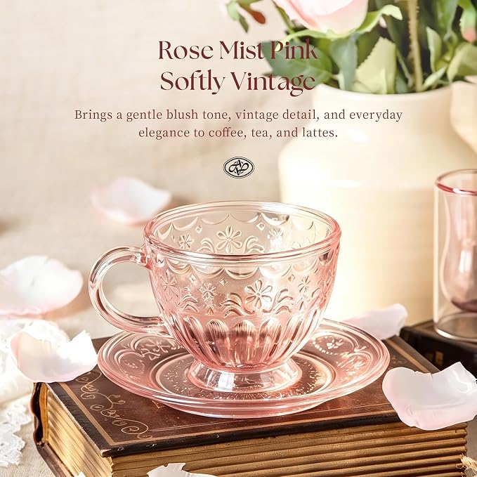 Handcrafted Vintage Glass Coffee Cup and Saucer Set, 12 oz Large Tea Cup with Round Saucer for Coffee, Latte, Tea & Home Cafe, Gift for Women, Microwave & Dishwasher Safe, Rose Mist Pink