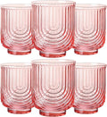 JOVGANK Pink Vintage Drinking Glasses Set of 6-14Oz Pink Glass Drinking Glasses, Art Deco Ripple Highball Glass, Whiskey Cocktail Glasses, for Bar Coffee Juice, Housewarming and Mother's Day Gift