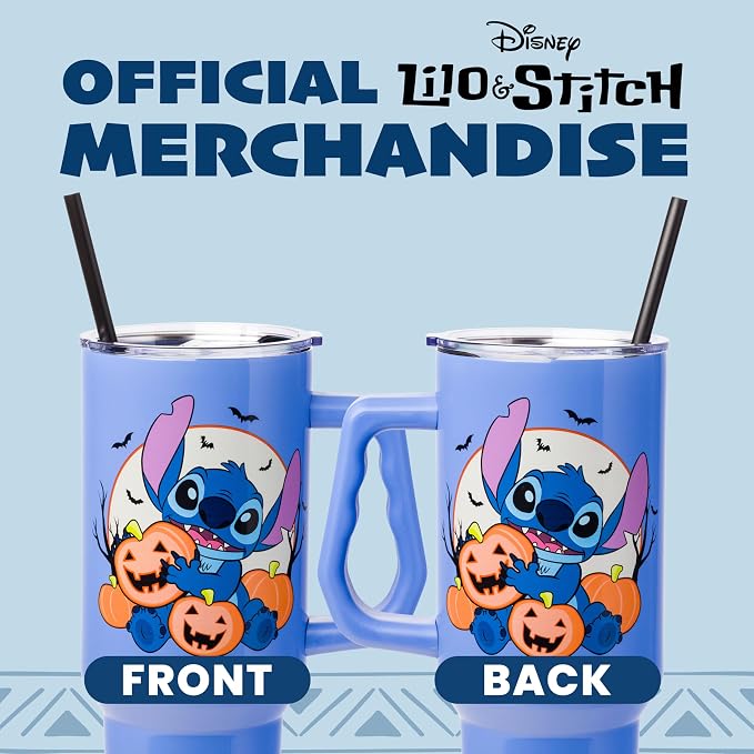 Silver Buffalo Disney Lilo and Stitch Halloween Spooky Pumpkin Jack-O-Lantern Double Walled Stainless Steel Tumbler with Handle and Straw, Fits in Standard Cup Holder, 40 Ounces