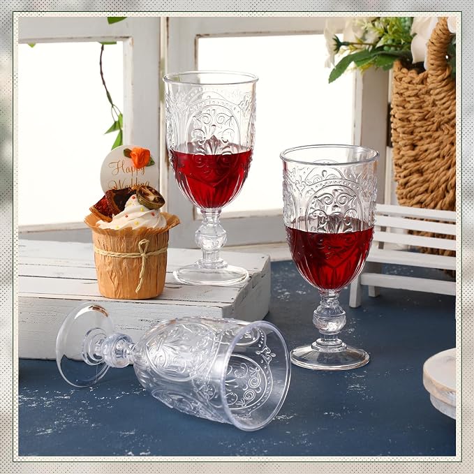 Wiwiqing 100 Pcs Plastic Goblets 7.5oz Vintage Goblet Plastic Wine Glasses Colored Retro Embossed Water Goblets for Wine Bar Juice Baby Shower Wedding Reception Grand Event Party (Clear)