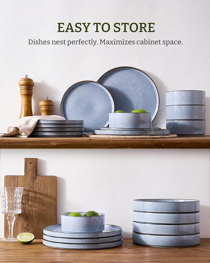 Famiware Annecy Plates and Bowls Sets, 12 Pieces Dinnerware Sets, Microwave and Dishwasher Safe Dishes Set for 4, Chip and Scratch Resistant, Reactive Blue