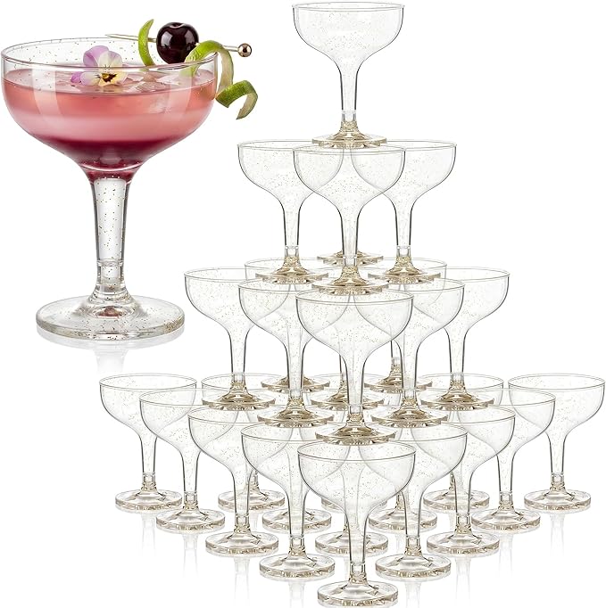 Potchen 100 Pcs Plastic Champagne Party Glasses 5 oz Clear Disposable Champagne Glasses Stackable Acrylic Martini Flutes Unbreakable Margarita Coupe for Wedding Birthday Party Bar (Elegant)