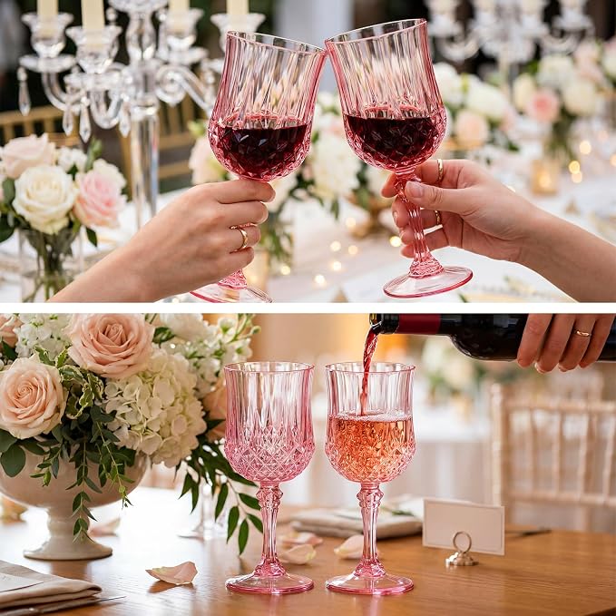 Sliner 96 Pcs 7oz Plastic Vintage Wine Glasses Drinking Goblets Unbreakable Crystal Water Glassware Reusable Diamond Champagne Flutes Cups for Wedding Banquet Birthday Party Supplies (Pink)