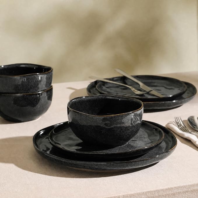Stone Lain Mirella 24-Piece Stoneware Round Kitchen Dinnerware Set with Plates and Bowls, Service for 8, Charcoal