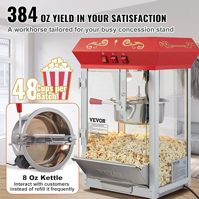 VEVOR Commercial Popcorn Machine, 8 Oz Kettle, 850 W Countertop Popcorn Maker for 48 Cups per Batch, Theater Style Popper with 3-Switch Control Steel Frame Tempered Glass Doors 2 Scoops 2 Spoons, Red | 48 Cups per Batch, Theater Style Popper with 3-Swi...
