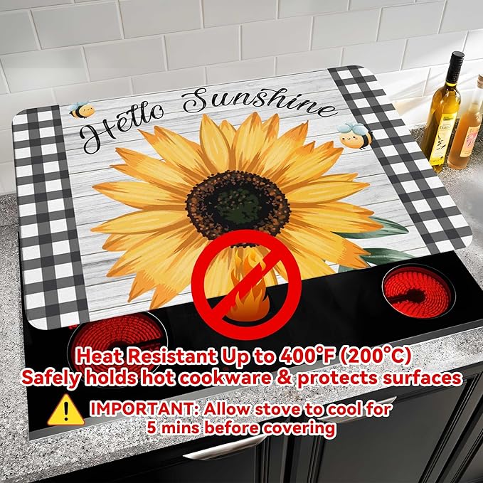 Decorative Stove Top Covers for Electric Stove 28"x20" – Heat Resistant Glass Cooktop Protector Dish Drying Mat – Non-Slip Rubber Backing Washer Top Cover Waterproof Extra Counter Space (Sunflower 1)