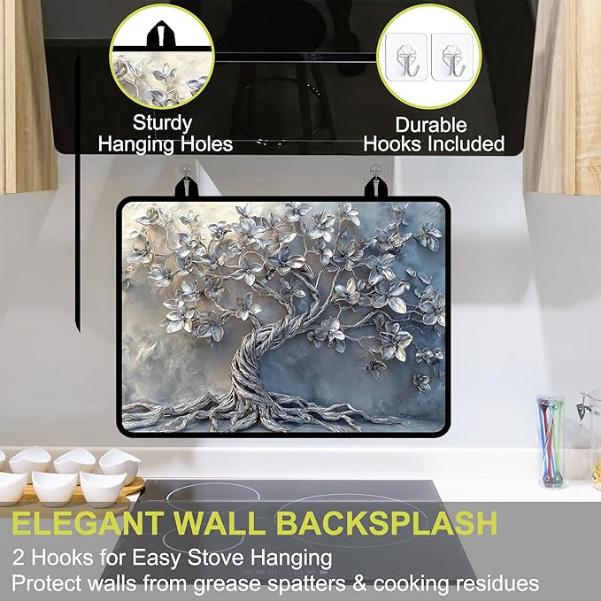 Glass stove top cover 28"x 20", Stove Top Covers for Electric Stove, Flat Range Mat for Glass Cooktop, Kitchen Heat-Resistant Protector Mat Non-Slip Drying Ma (Silver Tree)