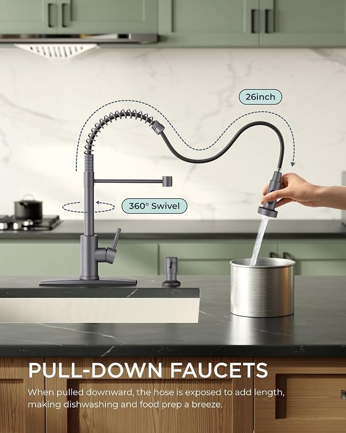 FORIOUS Kitchen Faucet with Pull Down Sprayer, Stainless Steel Commercial Single Handle Classic Spring Pull Out Sink Faucet for Pot Filler, Farmhouse Camper Bar Laundry Room, Grey