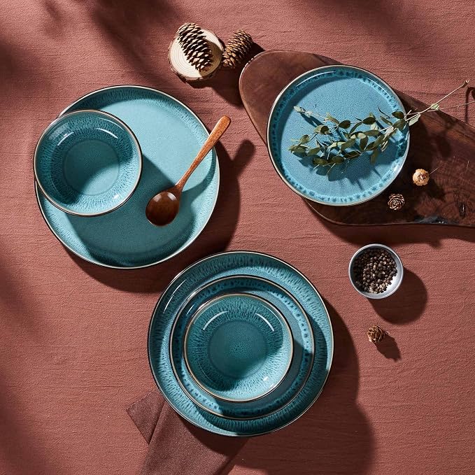 LIANYU Ceramic Dinnerware Sets for 4, 12 Piece Porcelain Stoneware Plates and Bowls, Scratch Resistant Round Kitchen Dishes Set, Dishwasher and Microwave Safe Dinning Ware Set, Pastel Turquoise