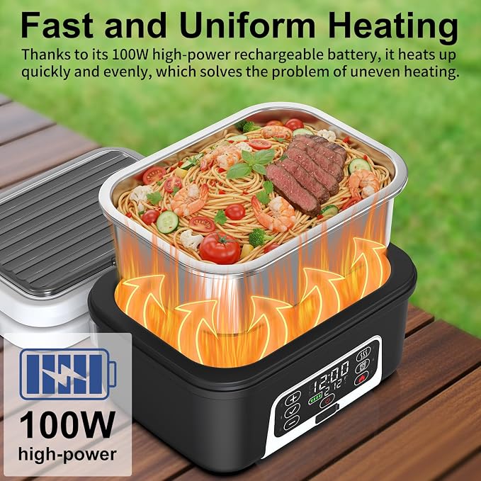 Cordless Electric Heated Lunch Box, 1.5L - 6.3 Cups 100W Rechargeable Smart Self-Heating Food Warmer with Removable Divider, Spoon, Fork, BPA Free, Portable Lunchbox for Car Travel Office White