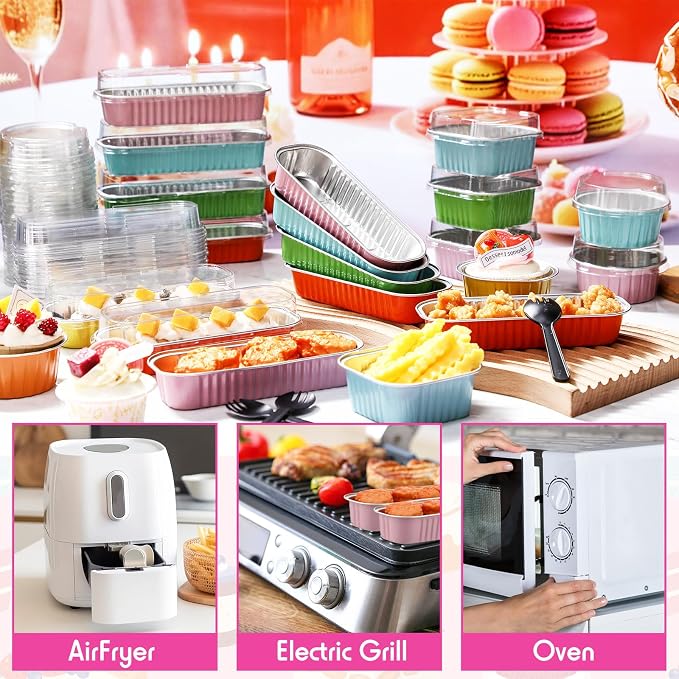 Blushtier 180 Set/360 Pcs Mini Loaf Pans with Lids and Spoons Disposable Mini Cake Pans, 6.8, 5, 4.2 oz Square Rectangle Round Aluminum Foil Cupcake Baking Cups Dessert Liners Tins for Desserts
