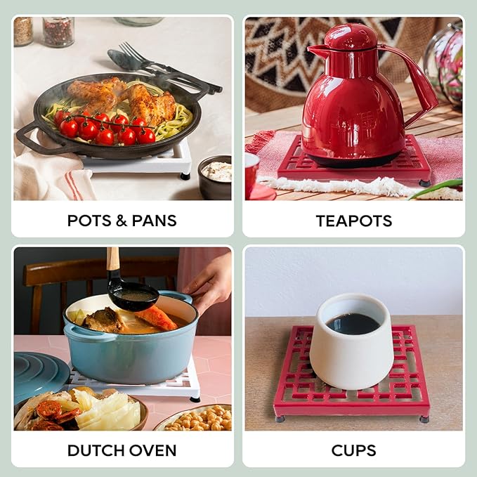 JOGREFUL Cast Iron Trivet Mats, Kitchen Pot Holders to Portect Table/Countertops, Heat Resistant Mats for Teapot/Hot Dishers/Plates, Vintage Mats with Weighted-Base, Grid Red