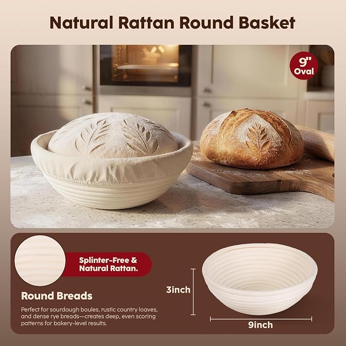 Sourdough Starter Kit for Beginners with 9" Round Banneton Proofing Basket, Bread Lame with 5 Blades, Danish Dough Whisk, Silicone Sling, Stencils & Baking Supplies for Homemade Sourdough Baking