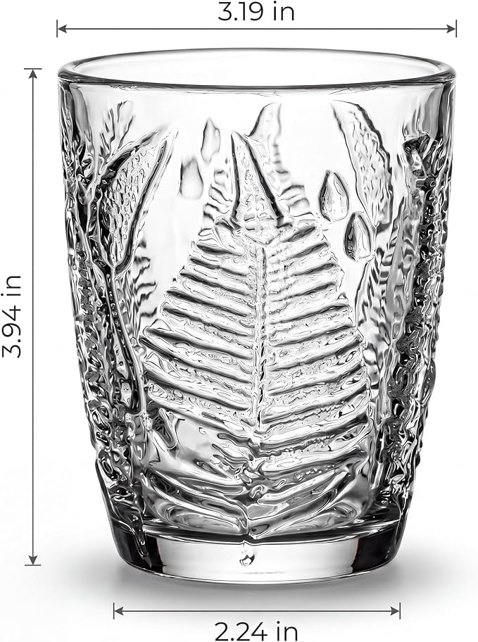 Vintage Drinking Glasses Set of 4, 10 oz Hand-Pressed Clear Glass Cups, Fern Embossed Retro Glassware, Textured Tumblers for Water, Cocktails & Juice, Decorative Kitchen Drinkware, Unique Boho Gift