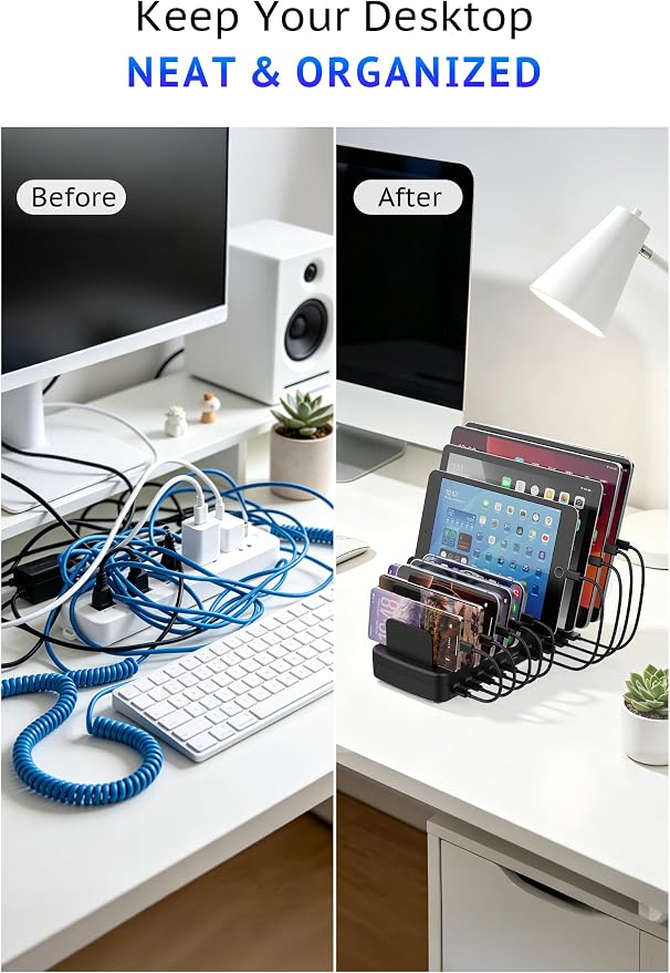 320W Charging Station for Multiple Devices, 10-Port USB Fast Charging Dock Adjustable Dividers & 8 Cables, 65W Laptop Port, Fireproof & Anti-Slip for Office Home Gamers