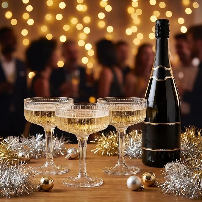 Houmury 20 Pcs 7oz Plastic Champagne Glasses Unbreakable Plastic Martini Glasses Flutes Reusable Clear Acrylic Coupe Drinkware For Wedding Birthday Party (20, Clear)