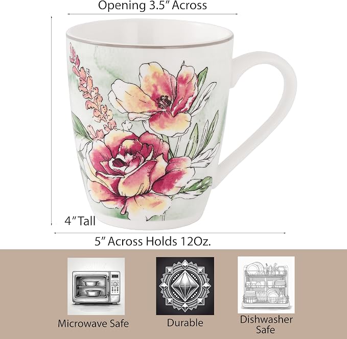 Lorren Home Trends Floral Rose Coffee Mug Set of 4, 12 Oz, Microwave and Dishwasher Safe, Bone China (PINK)
