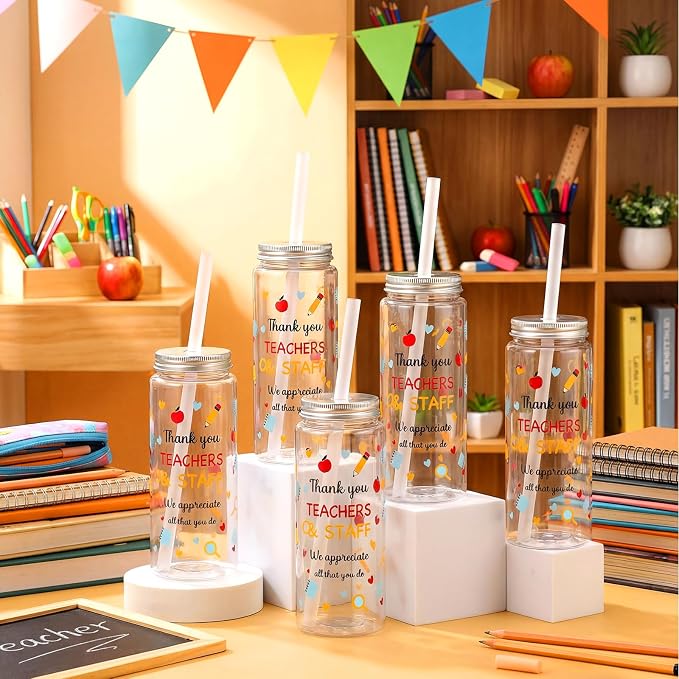 Skylety 24 Pcs Back to School Gift Bulk Teacher and Staff Appreciation Cup 14 oz Thank You Cups Plastic Cups with Lid and Straw for School Teacher Staff Office Classroom Party Favor Supplies