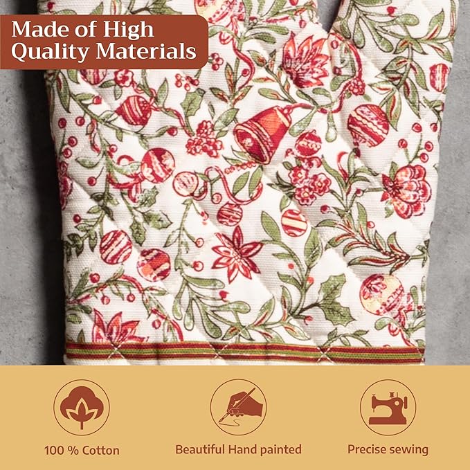 Maison d' Hermine Oven Gloves 100% Cotton Oven Mitt 7" x 13" with Loop Heat Resistant Cooking Gloves for Thanksgiving Christmas Decorations Baking Handling Hot Pans (Pack of 1, Reveillon Au Jardin)