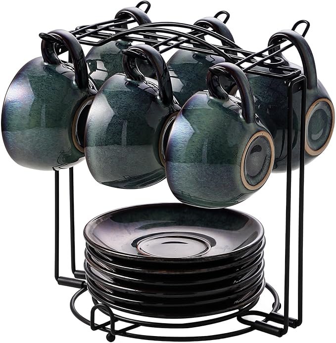 6 sets of 4OZ green coffee cup saucer sets, ceramic coffee cups with metal display racks, unique kiln enamel technology, suitable for tea, espresso, latte, cappuccino (6, Green, 4, ounces)
